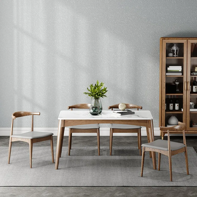 Mid-Century Modern Dining Table Stone Top Table with 4 Wood Legs