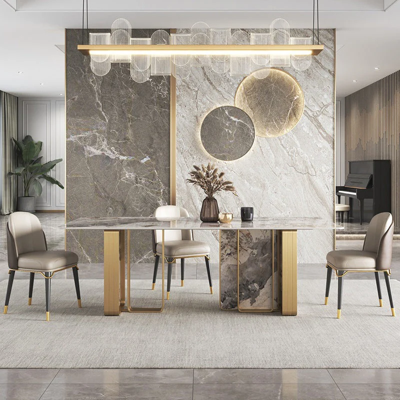 Modern Rectangle Double Pedestal Table Stainless Steel Base Dining Table
