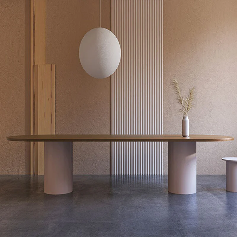 Solid Wood Top Dining Table Modern Oval Table with Double Pedestal Base
