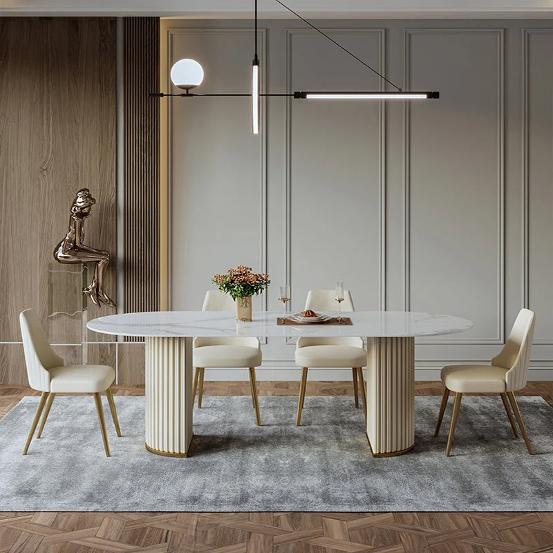 Oval Shape Luxury Dining Table White Tone Fixed Table with Sintered Stone