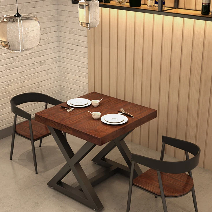 Industrial Pine Wood Table for Restaurant Square Dining Table with Trestle Base