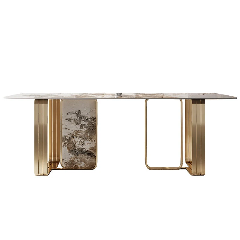 Luxury Sintered Stone Top Table Rectangle Table with Metal Double Pedestal in Gold