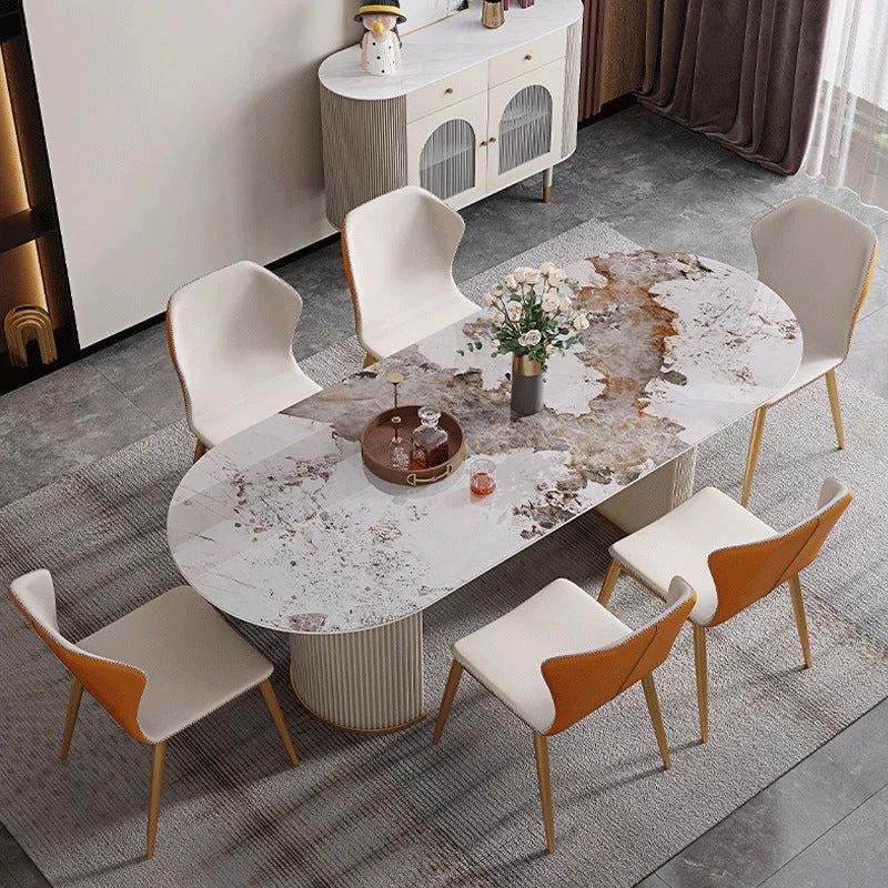 Luxury Sintered Stone Table Oval White Table with Double Pedestal