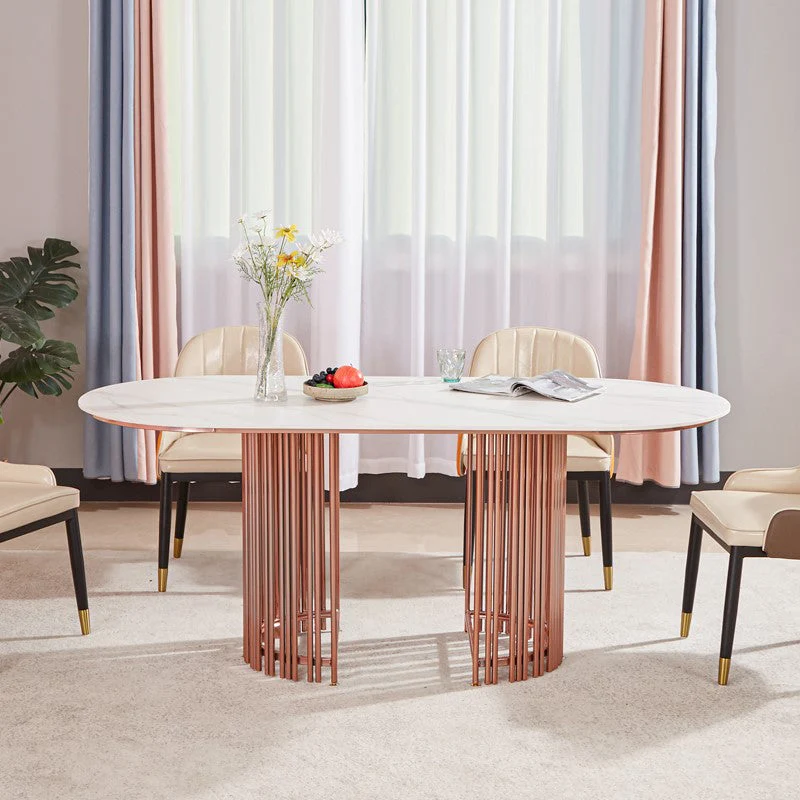 Oval White Top Dining Table Traditional Luxury Dining Table with Rose Gold Frame