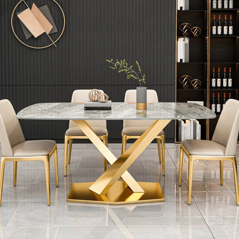 Sintered Stone Dining Table Rectangle Traditional Luxury Dining Table with Gold Frame