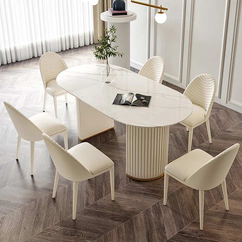 Contemporary Oval Dining Table Sintered Stone Top Double Pedestal Table