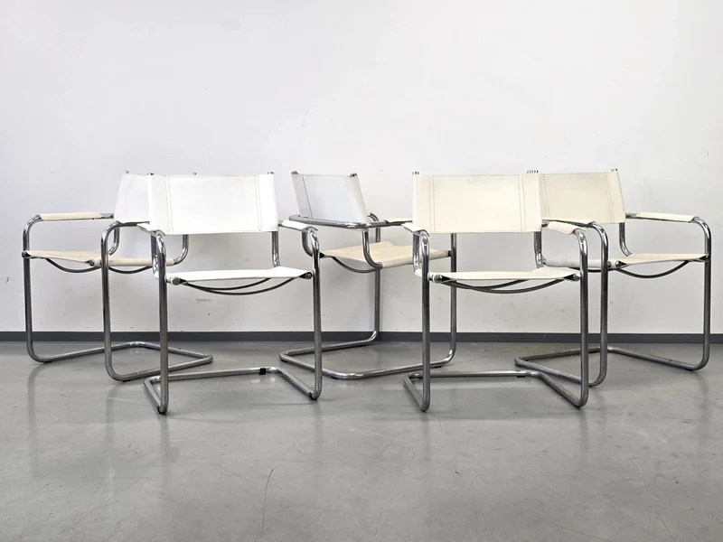 DESIGN FREISCHWINGER Leder Weiß Chrom Stuhl Bauhaus Vintage 60er 70er