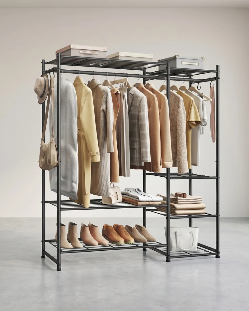 Kleiderständer – Offener Kleiderschrank – 7 Böden – 2 Kleiderstangen – Metallrahmen – 108 kg Tragkraft