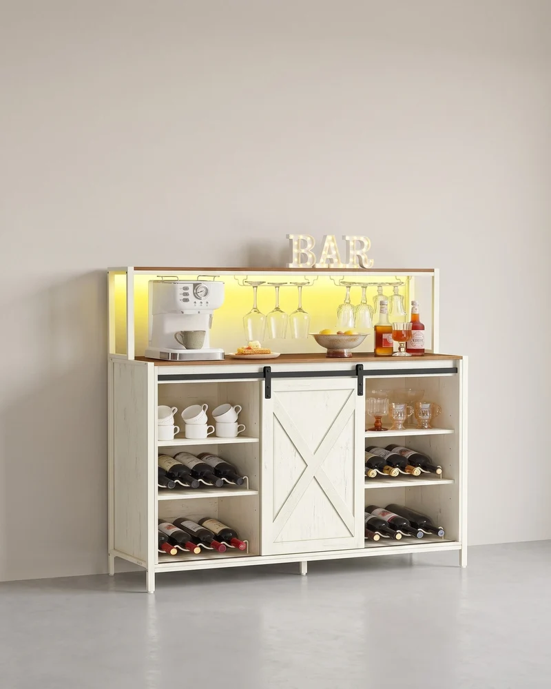 Bar-Schrank Mit LED-Beleuchtung Und Schiebetüren - Weinschrank Mit Steckdosenleiste Und Weinglashaltern