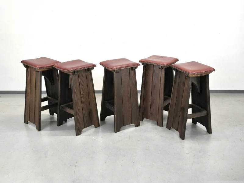 BARHOCKER VINTAGE Brutalismus Leder Holz Hocker Barstuhl Design Stuhl