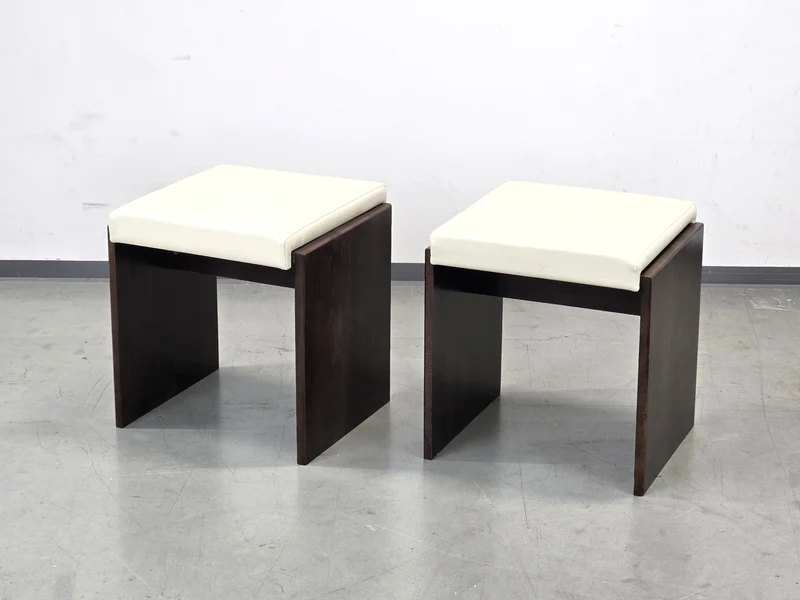 VINTAGE HOCKER Mid Century Brutalist Leder Holz Beistelltisch 60s 70s