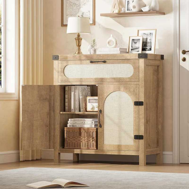 Garvee Sideboard 76 × 35 × 84 cm, Rattan-Kommode mit Schublade, 2 Türen, verstellbarem Einlegeboden und Kippschutz, Natur