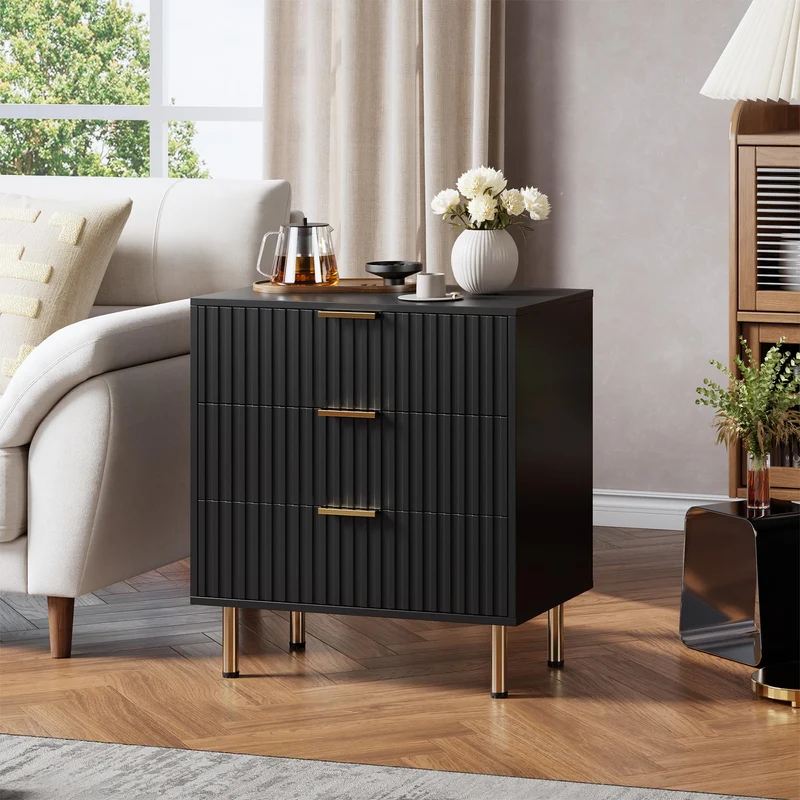 Garvee Badezimmerschrank mit 3 Schubladen, modernes Rillendesign, für Bad und Gäste-WC, Schwarz