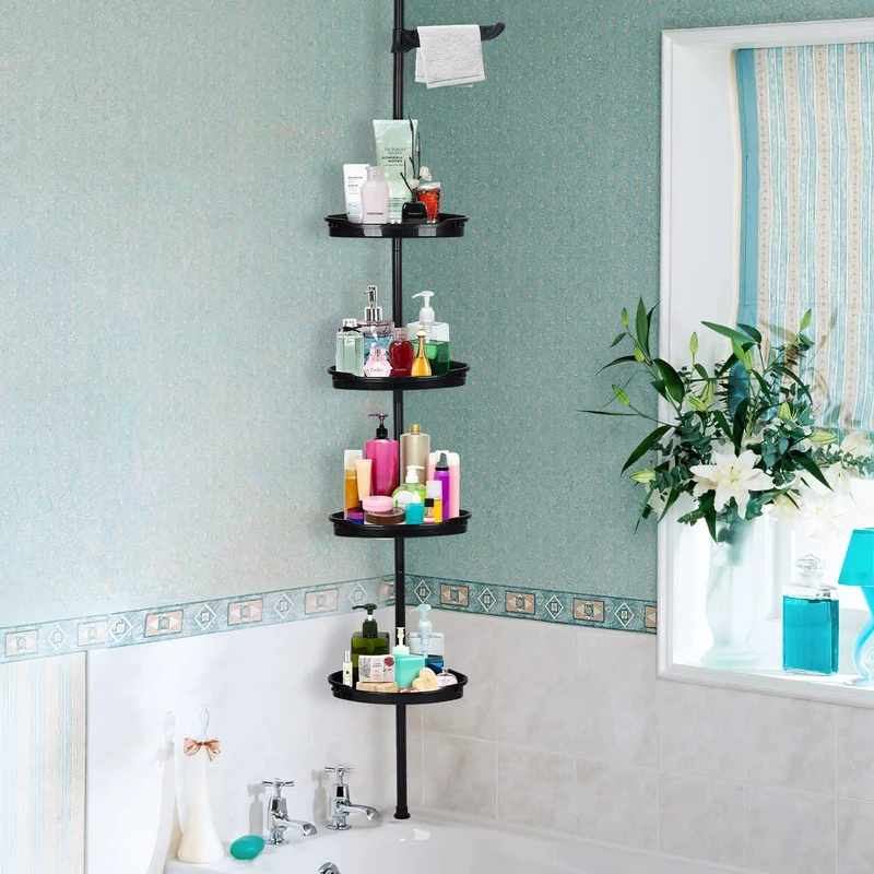 Garvee Eck-Duschregal Teleskopstange 4 Ebenen Verstellbar 101.6-122 cm Rustfrei Eisen Schwarz Bad Organizer