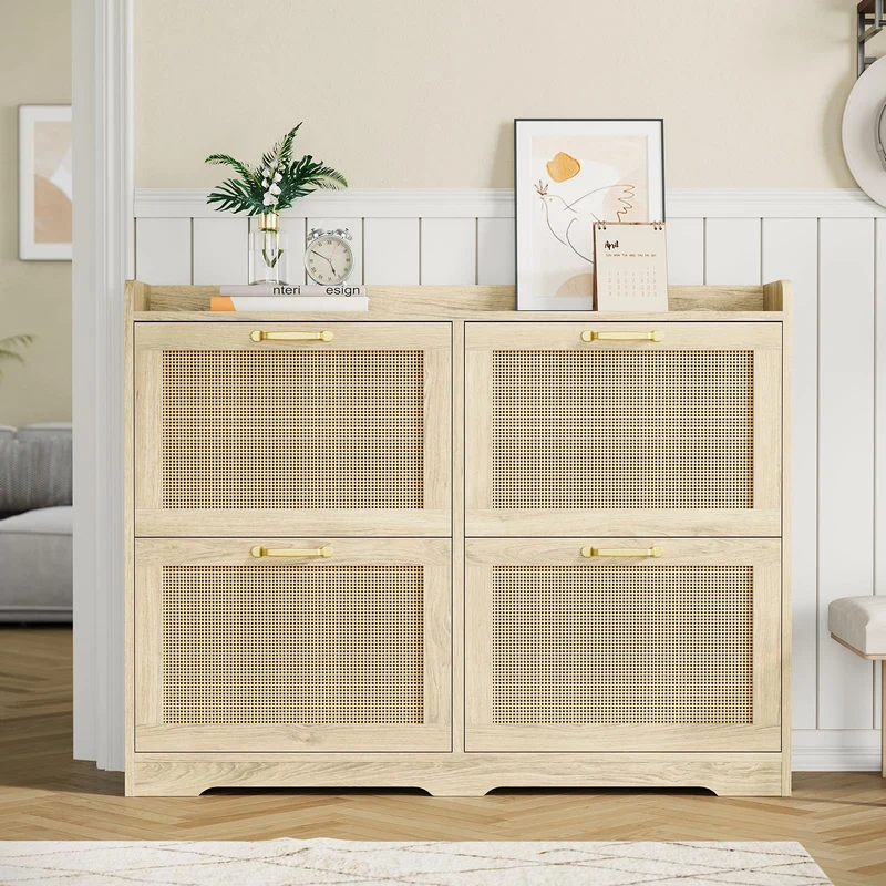 Garvee Schuhschrank, Rattanfronten, Kippschutz, für Flur und Diele, Naturholz