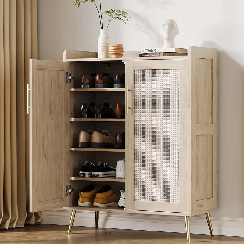 Garvee Schuhschrank mit 5 Ebenen, Rattanfronten, verstellbare Regale, für Flur und Diele, Eiche-Natur