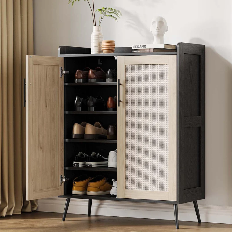 Garvee Schuhschrank, Rattanfronten, verstellbare Regale, für Flur und Diele, Schwarz-Natur