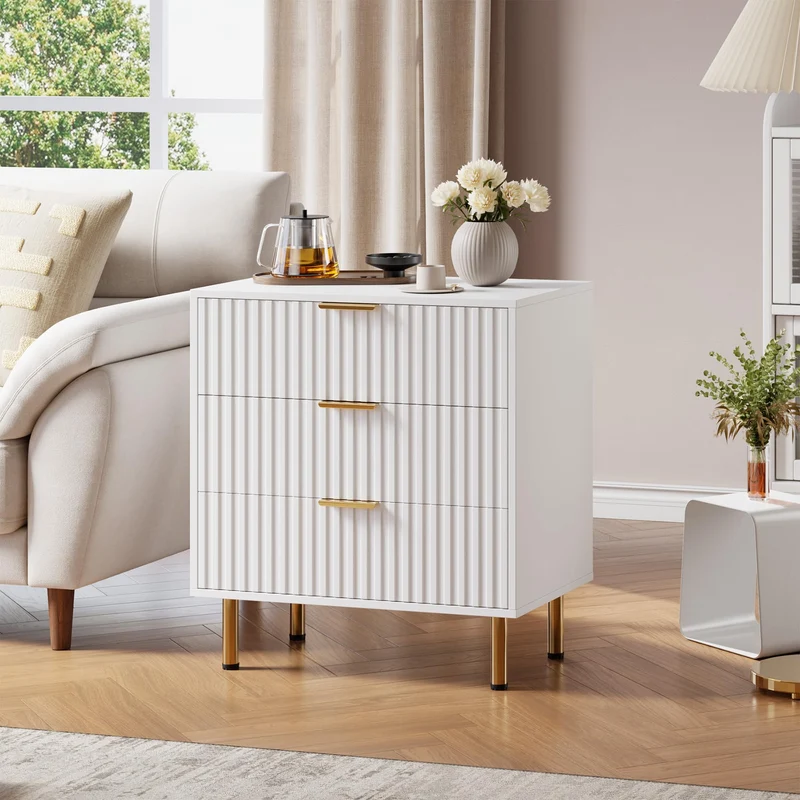 Garvee Badezimmerschrank mit 3 Schubladen, modernes Rillendesign, für Bad und Gäste-WC, Weiß