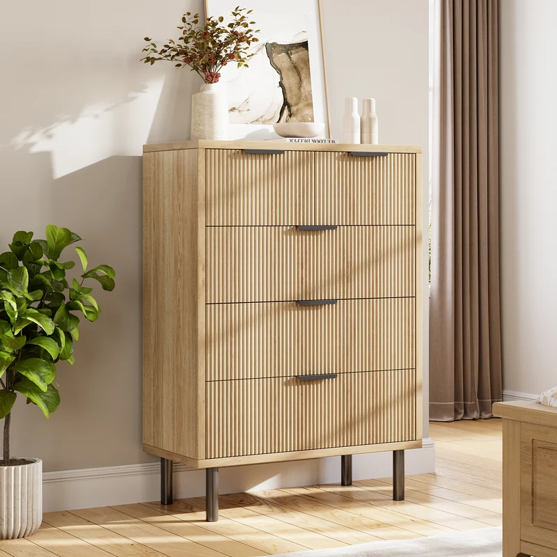 Garvee Kommode mit 5 Schubladen, modernes Rillendesign, stabile Metallbeine, für Schlafzimmer und Wohnzimmer, Holzfarbe