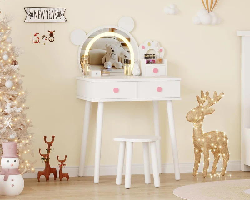 Garvee Kinder Schminktisch Mit LED-Licht, Bärenform Spiegel, Stauraum, FSC-Holz, Blumenhocker Für Mädchen Spielzimmer 21.65"L x 14.96"W x 39.76"H