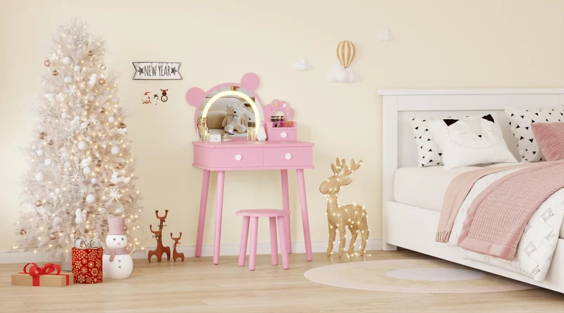 Garvee Kinder Schminktisch Mit LED-Licht & Stauraum, Bärenform, Holz, Verstellbarer Spiegel, Blumenhocker Für Mädchen Spielzimmer, 21.65"L x 14.96"W x 39.76"H, Naturfarben