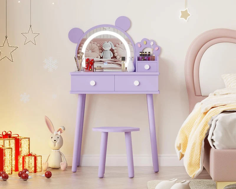 Garvee Kinder Schminktisch Set Mit LED Licht, Bären-Spiegel, Stauraum, MDF Holz, Lila, Für Schlafzimmer & Spielzimmer