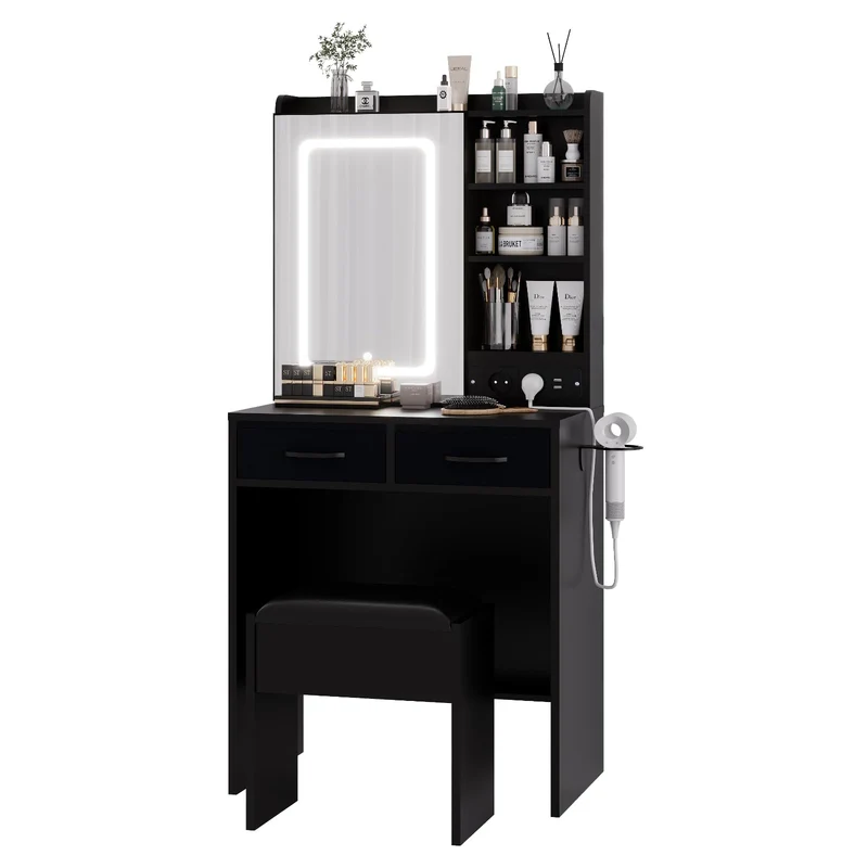 Garvee Coiffeuse mit LED-Spiegel, 3 Lichtmodi, Ladestation, Hocker, viel Stauraum, Schwarz