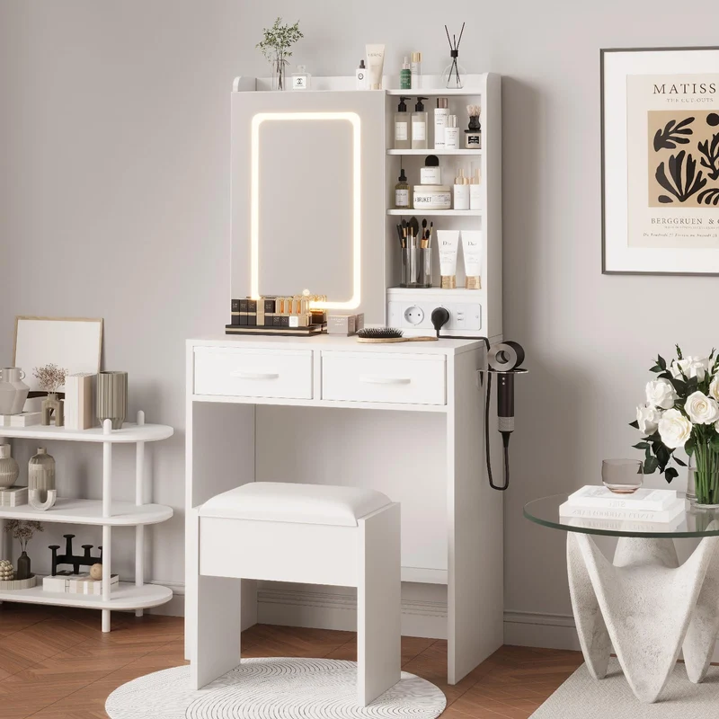 Garvee Coiffeuse mit LED-Spiegel, 3 Lichtmodi, Ladestation, Hocker, viel Stauraum, Weiß