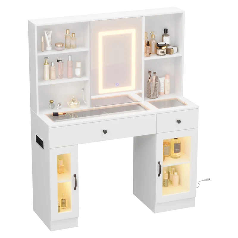 Garvee Schminktisch Mit LED Spiegel, Steckdosen & Stauraum Für Schlafzimmer, Weiß, 3-Farben Beleuchtung, 2 Schubladen & 2 Schränke