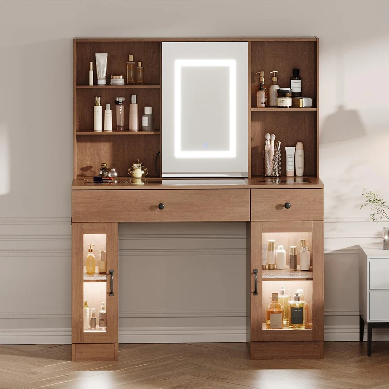 Garvee Schminktisch Mit LED Spiegel, Steckdosen & Stauraum Für Schlafzimmer, Holzfarben, 3-Farben Beleuchtung, 2 Schubladen & 2 Schränke