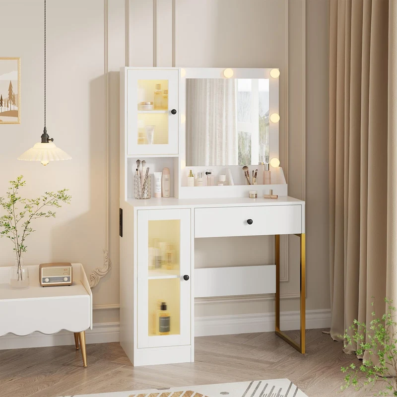 Garvee Schminktisch Mit LED Beleuchtung, 3 Farbmodi, Große Schubladen, USB-Ladestation Für Schlafzimmer, Weiß, Modern