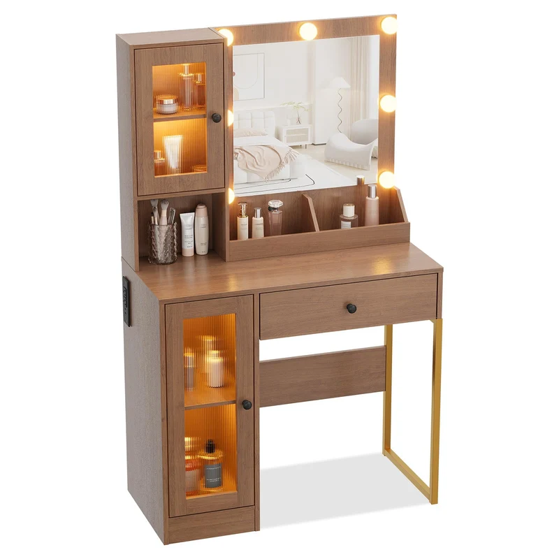 Garvee Schminktisch Mit Spiegel Und Beleuchtung, Robuster MDF, Dimmbare Leuchten, USB-Anschlüsse, Schlafzimmer, Weiß