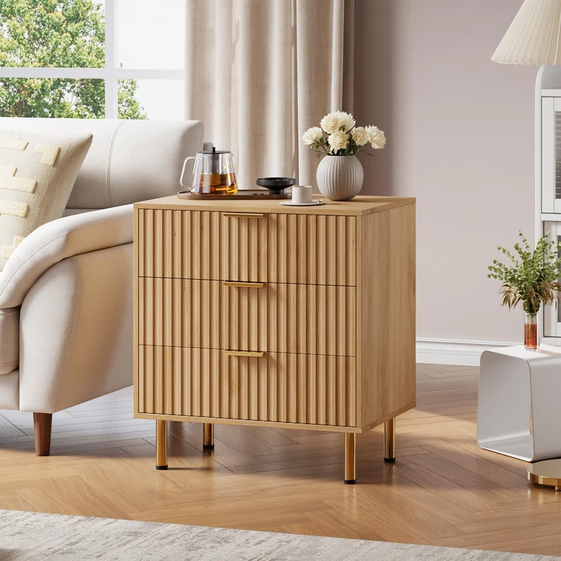 Garvee Badezimmerschrank mit 3 Schubladen, modernes Rillendesign, für Bad und Gäste-WC, Naturholz