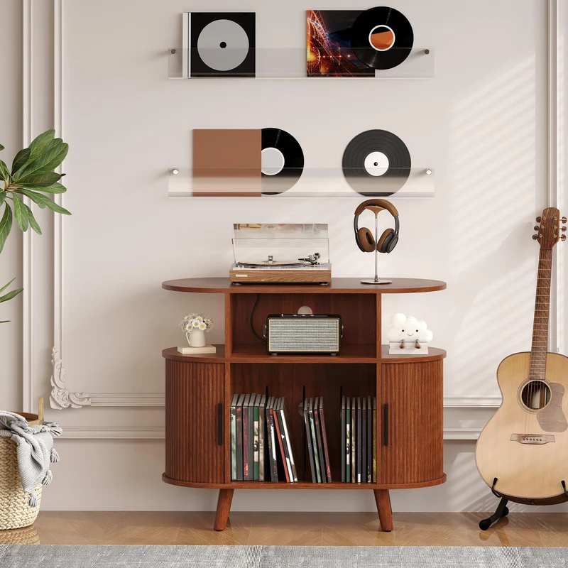 Garvee Plattenspieler-Ständer, USB-Anschlüsse, für Wohnzimmer und Musikzimmer, Walnussholzfarbe