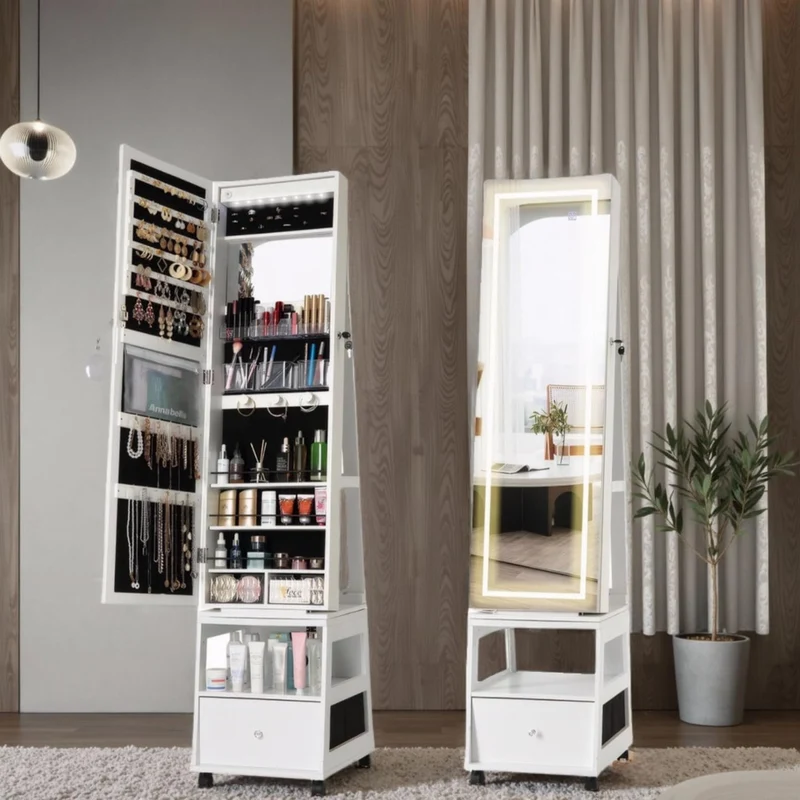 Garvee 360° Drehbarer Schmuckschrank Mit Ganzkörperspiegel, LED-Beleuchtung, Samt-Innenfutter, Weiß, Schlafzimmer, Abschließbar