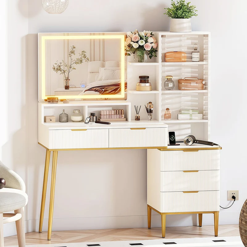 Garvee Fluted Vanity Desk Mit Spiegel & 3-Farb LED Licht, 5 Schubladen & Regale, Weiß & Gold, Schlafzimmer Schminktisch, 45 Zoll