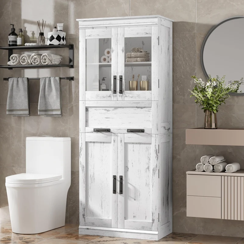 Garvee Badezimmerschrank mit 4 Türen, verstellbare Regale, 170,2 cm, für Bad und Gäste-WC, Weiß
