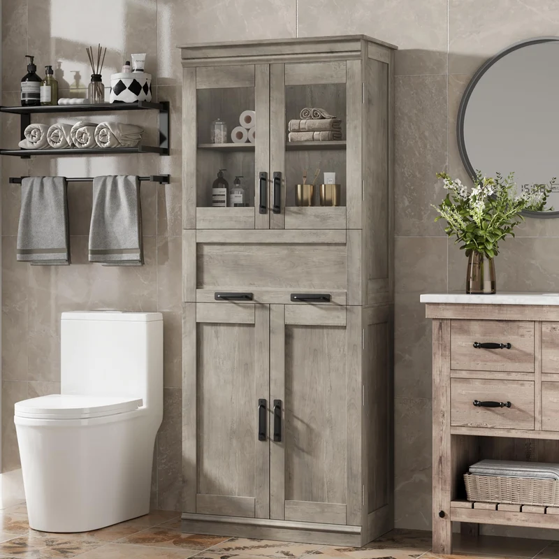Garvee Badezimmerschrank, verstellbare Regale, Glastüren, 170,2 cm, für Bad und Gäste-WC, Grau