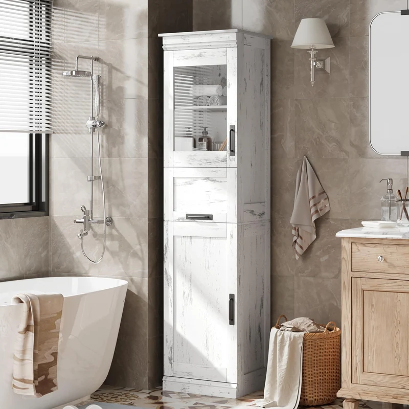 Garvee Badezimmerschrank mit 1 Schubladen, 177,8 cm, für Bad und Gäste-WC, Weiß