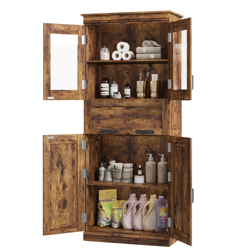 Garvee Badezimmerschrank, verstellbare Regale, 59,9 × 30 × 169,9 cm, für Bad und Gäste-WC, Braun