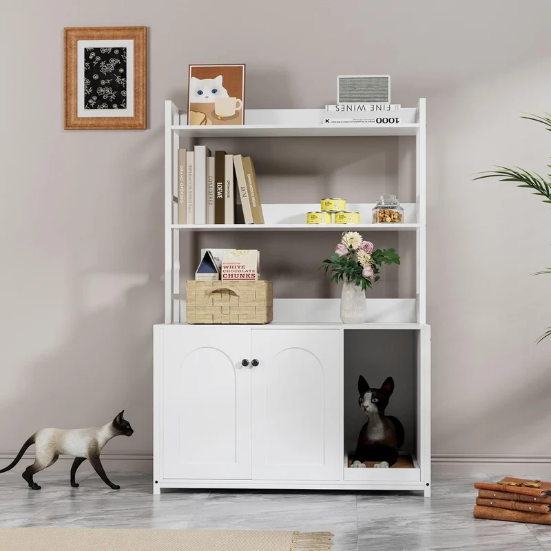 Garvee Katzenklo-Schrank mit 2 Türen, 57,4 × 42,4 × 55,1 cm, für Wohnzimmer und Flur, Weiß