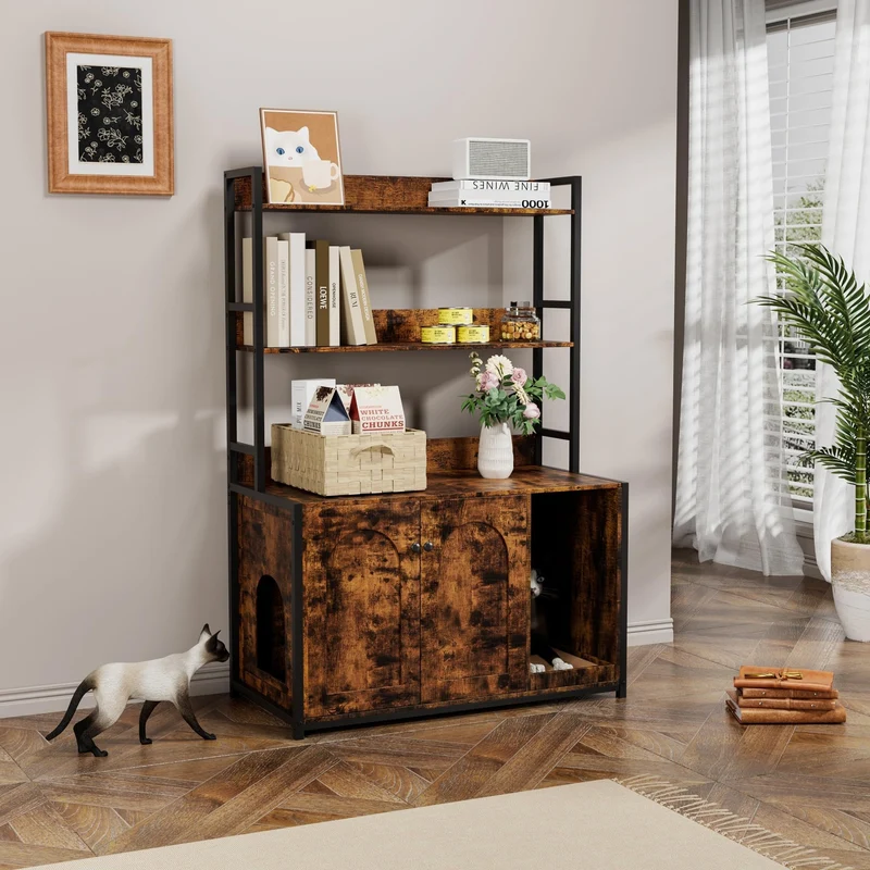 Garvee Katzenklo-Schrank mit 2 Türen, 57,4 × 42,4 × 55,1 cm, für Wohnzimmer und Flur, Braun