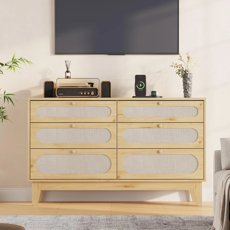 Garvee Leuchte mit 6 Schubladen, USB-Anschlüsse, Rattanfronten, 132,3 × 79,2 cm, für Wohnzimmer und Esszimmer, Eiche