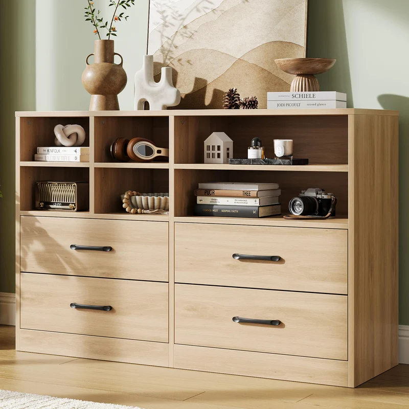 Garvee Leuchte mit 4 Schubladen, verstellbare Regale, offene Fächer, 120 × 80,5 cm, für Wohnzimmer und Esszimmer, Eichenholz