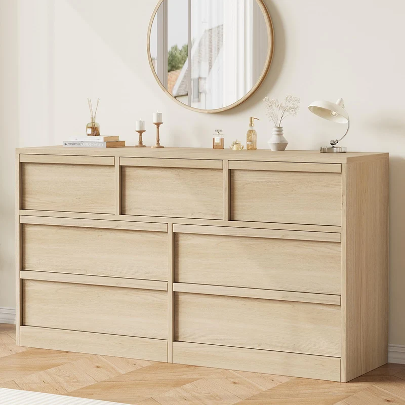 Garvee Sideboard mit 7 Schubladen, Kippschutz, 54 × 15.9 × 77,7 cm, für Wohnzimmer und Esszimmer, Natur