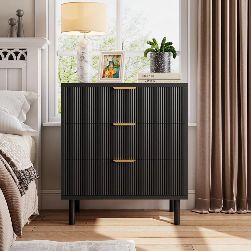Garvee Leuchte mit 3 Schubladen, modernes Rillendesign, stabile Metallbeine, für Wohnzimmer und Esszimmer, schwarz