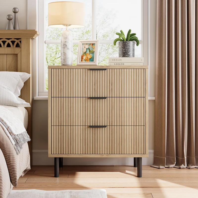 Garvee Leuchte mit 3 Schubladen, modernes Rillendesign, stabile Metallbeine, für Wohnzimmer und Esszimmer, schwarz