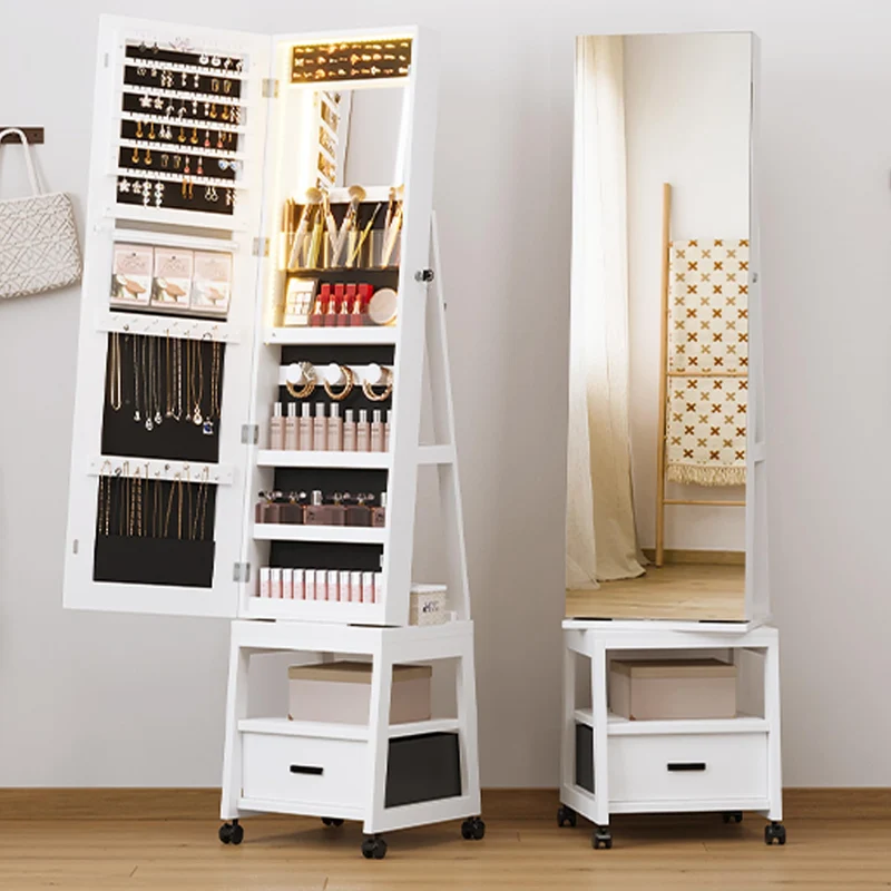 Garvee 360° Drehbarer Schmuckschrank Mit LED-Lichtern, Makeup-Spiegel, Vollspiegel, Samt-Innenfutter, Abschließbar, Mit Rollen, Weiß - Ideal Für Schlafzimmer