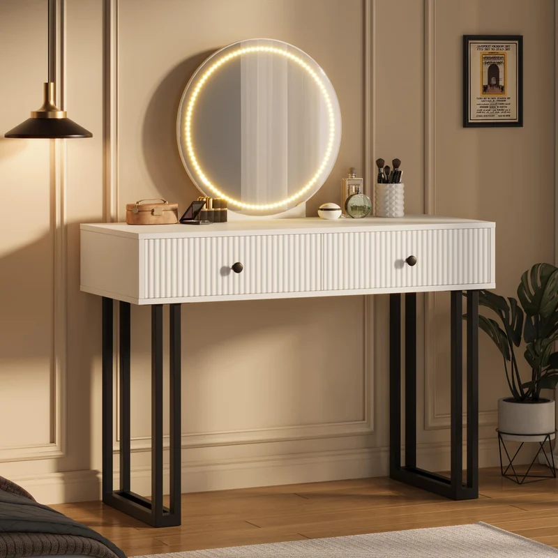 Garvee Schminktisch Mit Spiegel Und 3-Farb-LED-Licht, Verstellbare Helligkeit, 2 Schubladen, Weiße MDF-Oberfläche, Modernes Design, Schlafzimmer