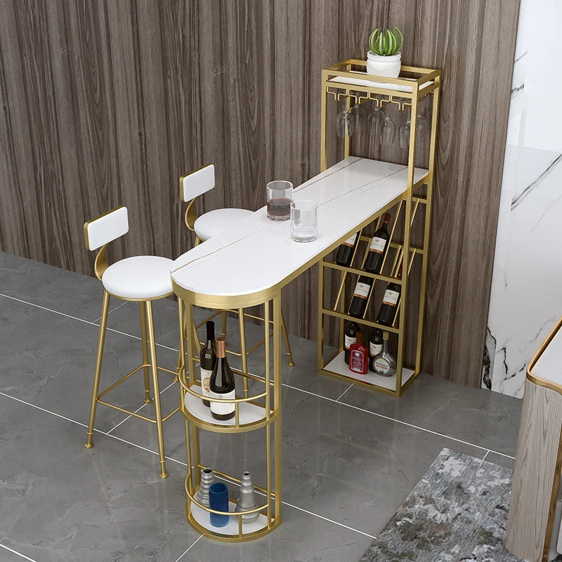Glam Style Bar Table Stone Double Pedestal Bistro Bar Desk for Indoor